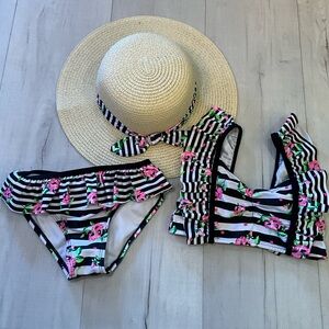 Betsey Johnson Striped Floral Bikini Set with Sun Hat